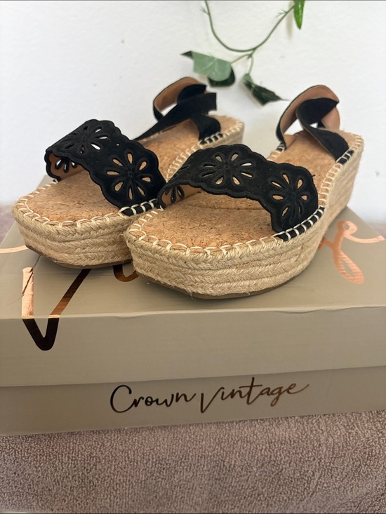 Crown Vintage Shoes - Crown Vintage Black Floral Laser-Cut Espadrille Platforms